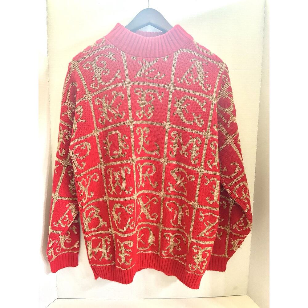 Vtg 80s Adele Boho Christmas All Over ABC Print Knit Sweater Gold/red Sz M
